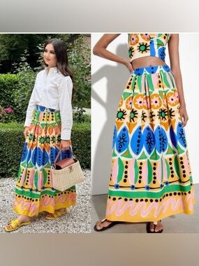Zara Bright Floral Geometric Maxi Skirt — Blue, Green, Pink, Yellow, Black